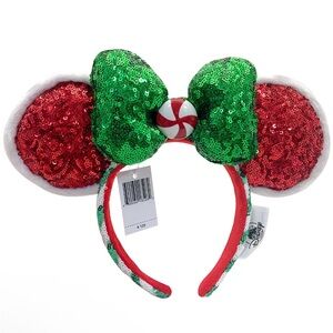 🎄NWT Disney Parks Christmas Peppermint Twist Sequin Mickey Minnie Ears Headband